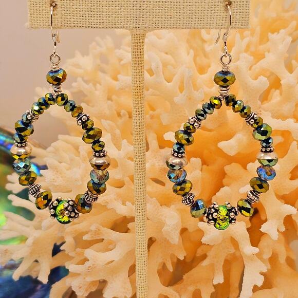 Dichroic Glass Crystal Bead Sterling Teardrop Artisan Earrings - Picture 7 of 10